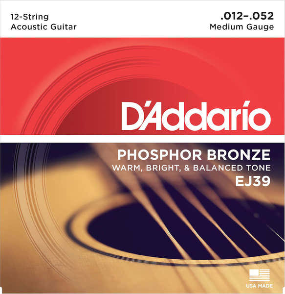 D'ADDARIO EJ39 12-STRING PHOSPHOR BRONZE ACOUSTIC GUITAR STRINGS MEDIUM 12-52