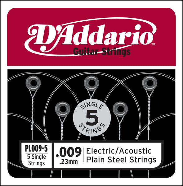 D'ADDARIO PL009-5 PLAIN STEEL GUITAR SINGLE STRING .009 5-PACK