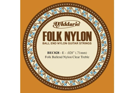 D'ADDARIO BEC028 FOLK NYLON GUITAR SINGLE STRING CLEAR NYLON BALL END .028