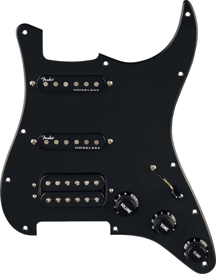 Vorverdrahtetes Strat-Schlagbrett Quadra Tap/Ultra Noiseless HSS Schwarz 11-Loch PG