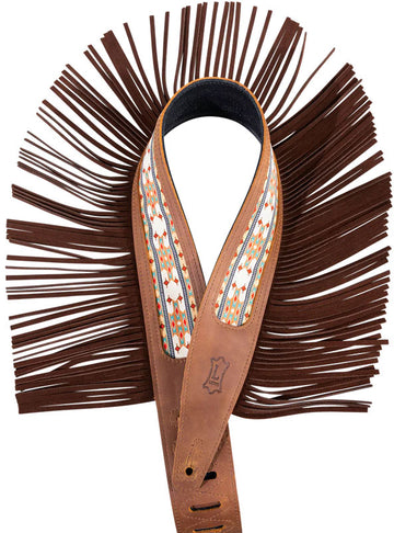 THE OUTLAW - 6,35 CM CRAZY HORSE LEATHER STRAP WITH SUEDE FRINGE AND WESTERN PATERN - BROWN