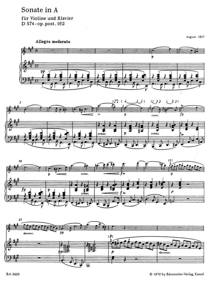 Schubert Franz - Sonate für Violine und Klavier A-Dur Op. Post. 162 D 574