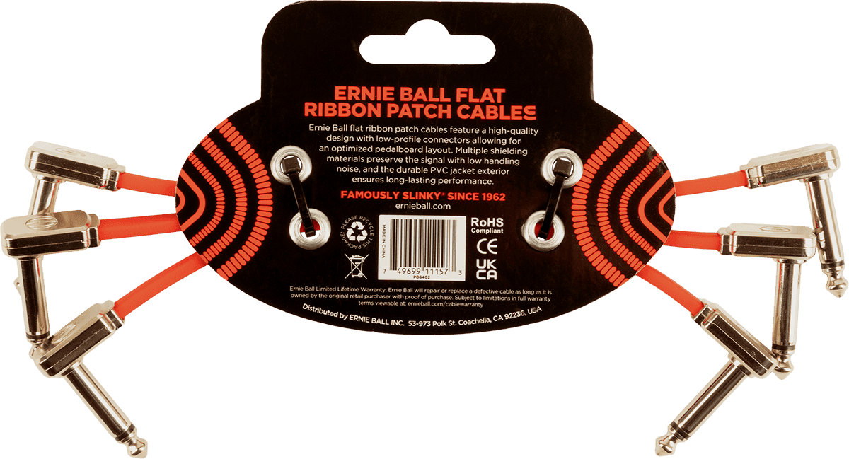 CABLES INSTRUMENT PATCH PACK OF 3 - THIN & FLAT ELBOW - 15 CM - RED