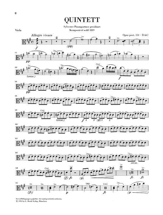 SCHUBERT F. - QUINTET A MAJOR OP. POST. 114 D 667 FOR PIANO VIOLIN VIOLA VIOLONCELLO