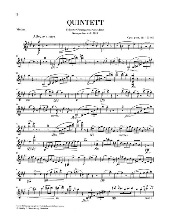 SCHUBERT F. - QUINTET A MAJOR OP. POST. 114 D 667 FOR PIANO VIOLIN VIOLA VIOLONCELLO