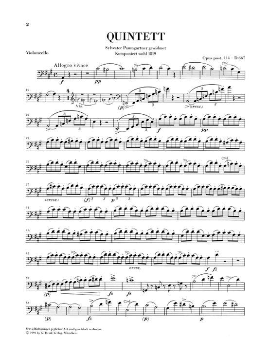 SCHUBERT F. - QUINTET A MAJOR OP. POST. 114 D 667 FOR PIANO VIOLIN VIOLA VIOLONCELLO