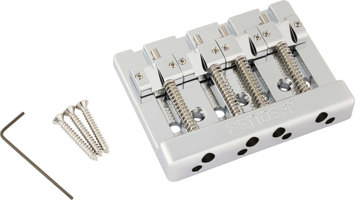 Fender HiMass 4-Saiten-Bassbrücken-Baugruppe mit Saitendurchführung und Messingreitern Chrom