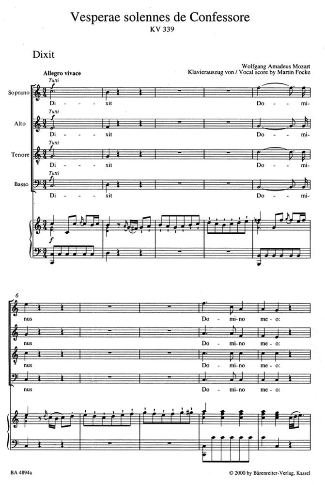 Moz W.A. - Verae Solennes De Confessore Kv 339 - Reduction Ch, Piano