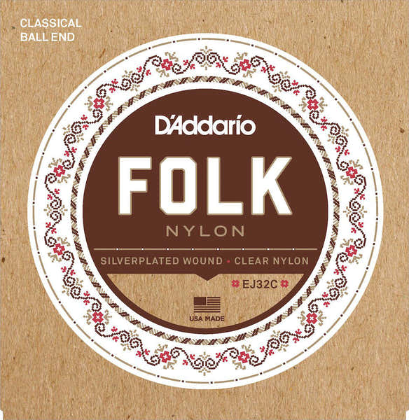 D'ADDARIO EJ32C FOLK GUITAR STRINGS EJ32C NYLON END WITH SILVER NET/TRANSPARENT NYLON HIGH-PITCHED BALL