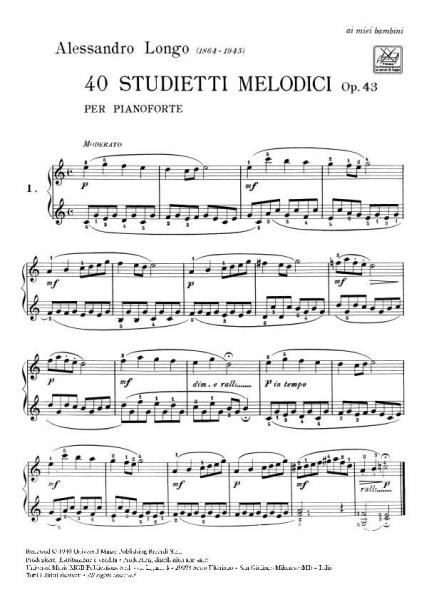 LONGO A. - 4 STUDIETTI MELODICI PER PICCOLE MANI SENZA OTTAVE OP.43 - KLAVIER