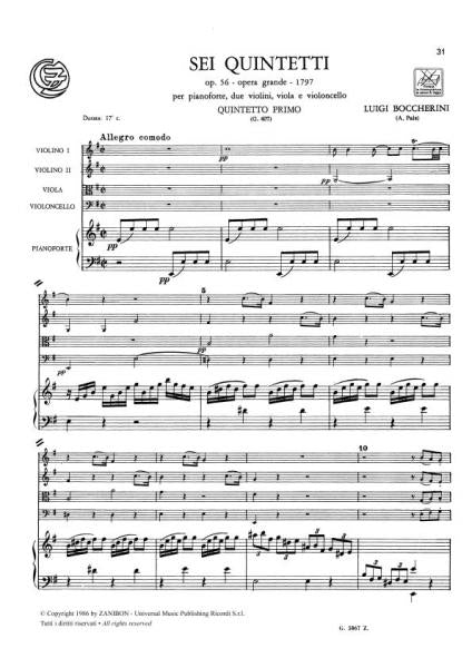 BOCCHERINI L. - SEI QUINTETTI - 2 VIOLONS ALTO VIOLONCELLE ET PIANO