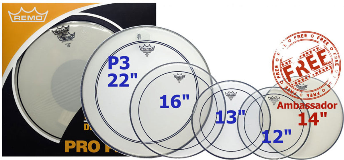 PP-0270-PS - PINSTRIPE CLEAR PRO PACK - 12/13/16 + 22 (POWERSTROKE 3) BASS DRUM + 14 (AMBASSADOR C