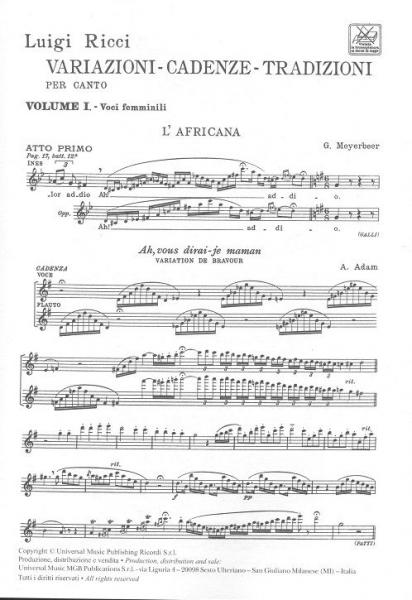 RICCI L. - VARIAZIONI - CADENZE TRADIZIONI PER CANTO