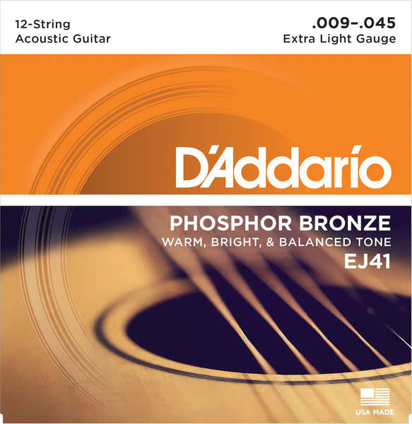 D'ADDARIO EJ41 12-STRING PHOSPHOR BRONZE ACOUSTIC GUITAR STRINGS EXTRA LIGHT 9-45