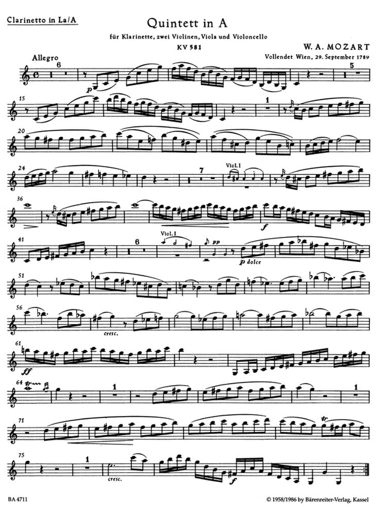 Moz W.A. - Quintette En La Majeur Kv 581 - Clarinette 2 Violons Alto Violoncelle