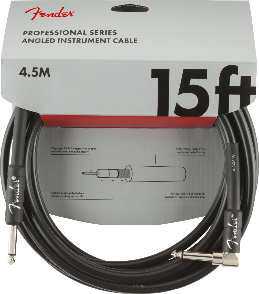 PROFESSIONAL INSTRUMENT CABLES STRAIGHT/ANGLE 15' BLACK