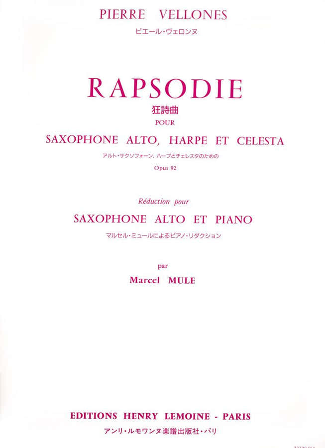 Vellones - Rhapsodie Op.92 Saxo/po - Saxophone Mib et Piano