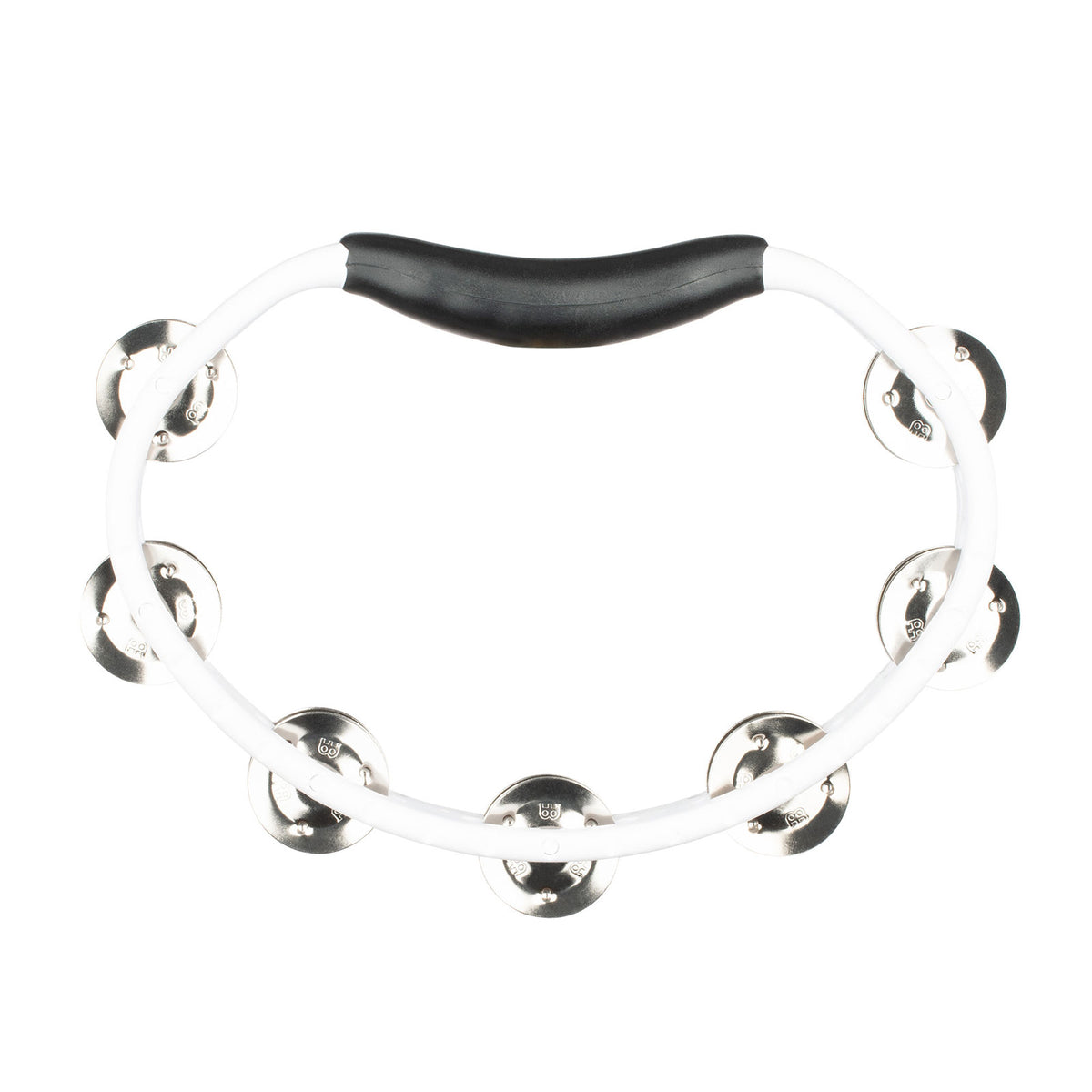 PERCUSSION HEADLINER SERIES HAND HELD ABS TAMBOURINE DUAL ROW WHITE STAINLESS STEEL JINGLES