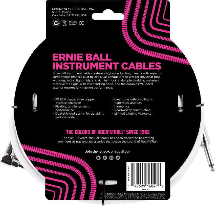 Instrumentenkabel Classic Klinke/Klinke Abgewinkelt 6M Weiß