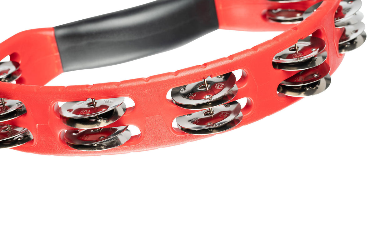 PERCUSSION HEADLINER SERIES HAND HELD ABS TAMBOURINE DUAL ROW RED STAINLESS STEEL JINGLES