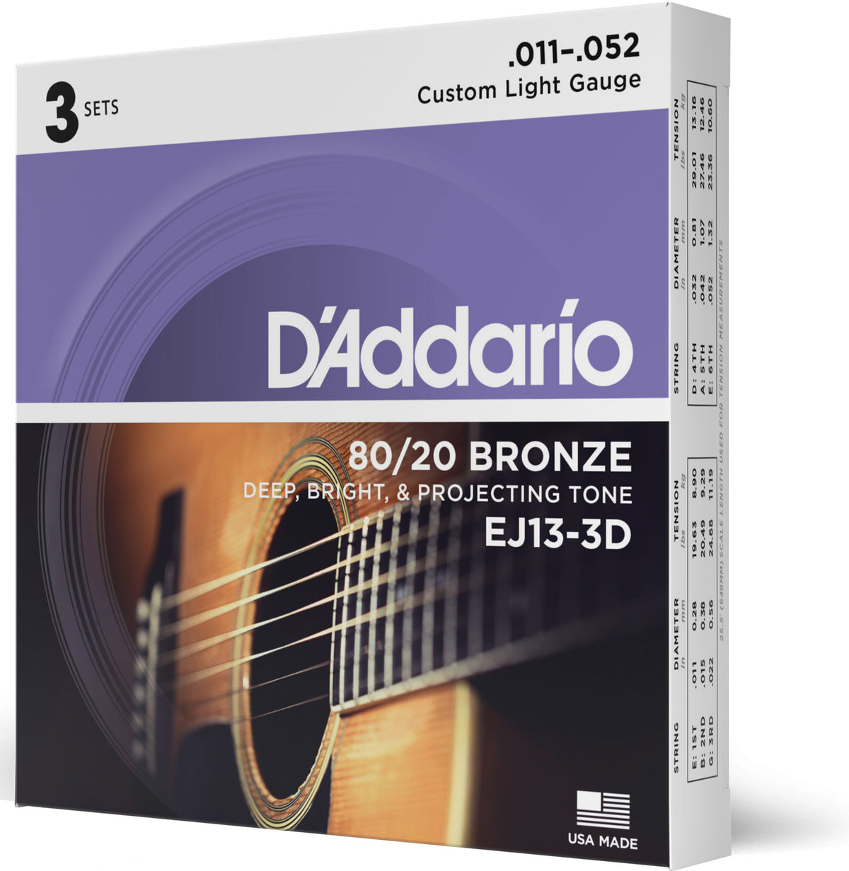 D'ADDARIO STRINGS FOR ACOUSTIC GUITAR EJ13-3D BRONZE 80/20 CUSTOM LIGHT 11-52 (3 SETS)