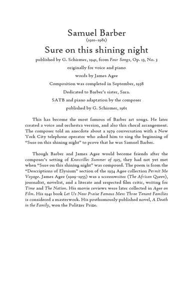 Barber Samuel - Sure On The Shining Night Op.13 N°3 - Satb & Piano