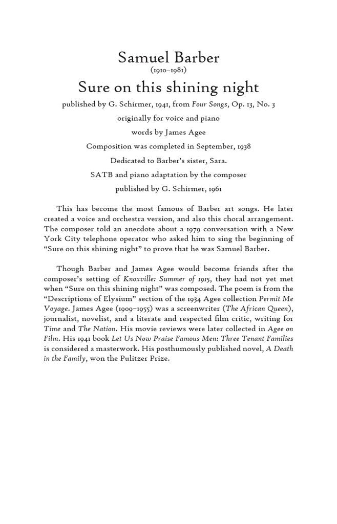 Barber Samuel - Sure On The Shining Night Op.13 N°3 - Satb & Piano
