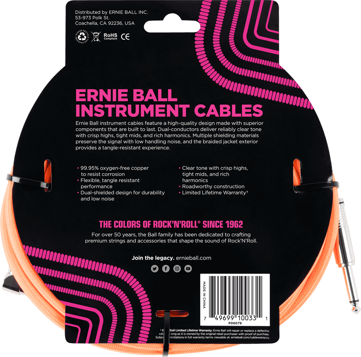 Instrumentenkabel Geflochtener Mantel Jack/jack Gewinkelt 3M Orange