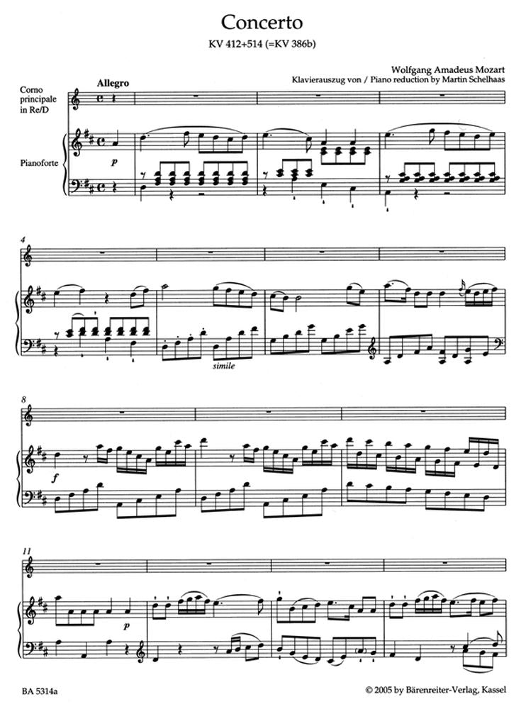 Moz W.A. - Konzert N°1 In D-Dur Kv 412 + 514 (386D) Für Horn Und Orchester - Horn Klavier